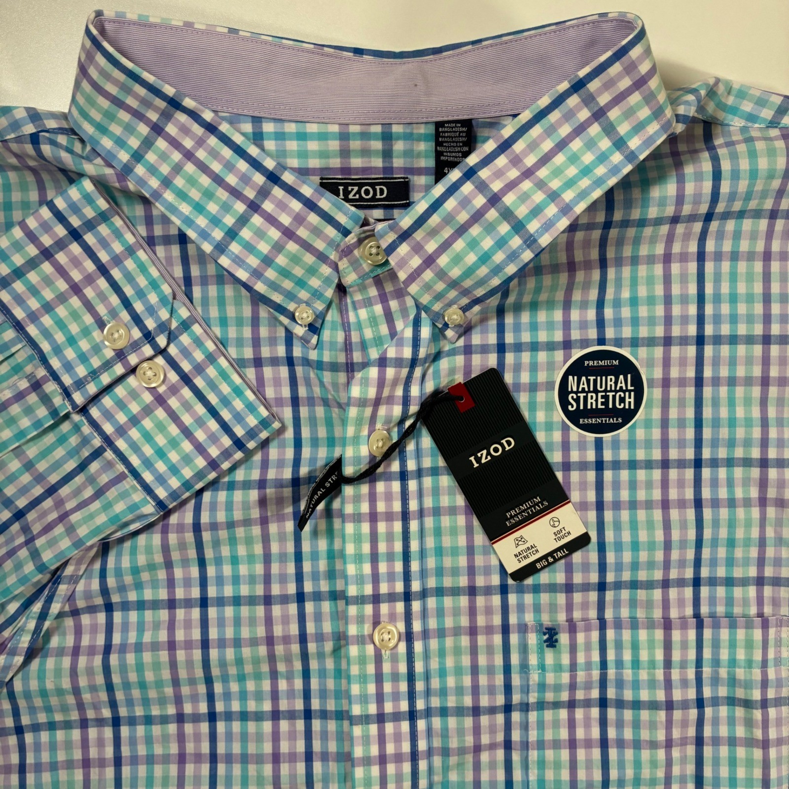 NEW IZOD Button Down Shirt 4XLT Tall Pastel Dahlia Plaid Stretch Premium
