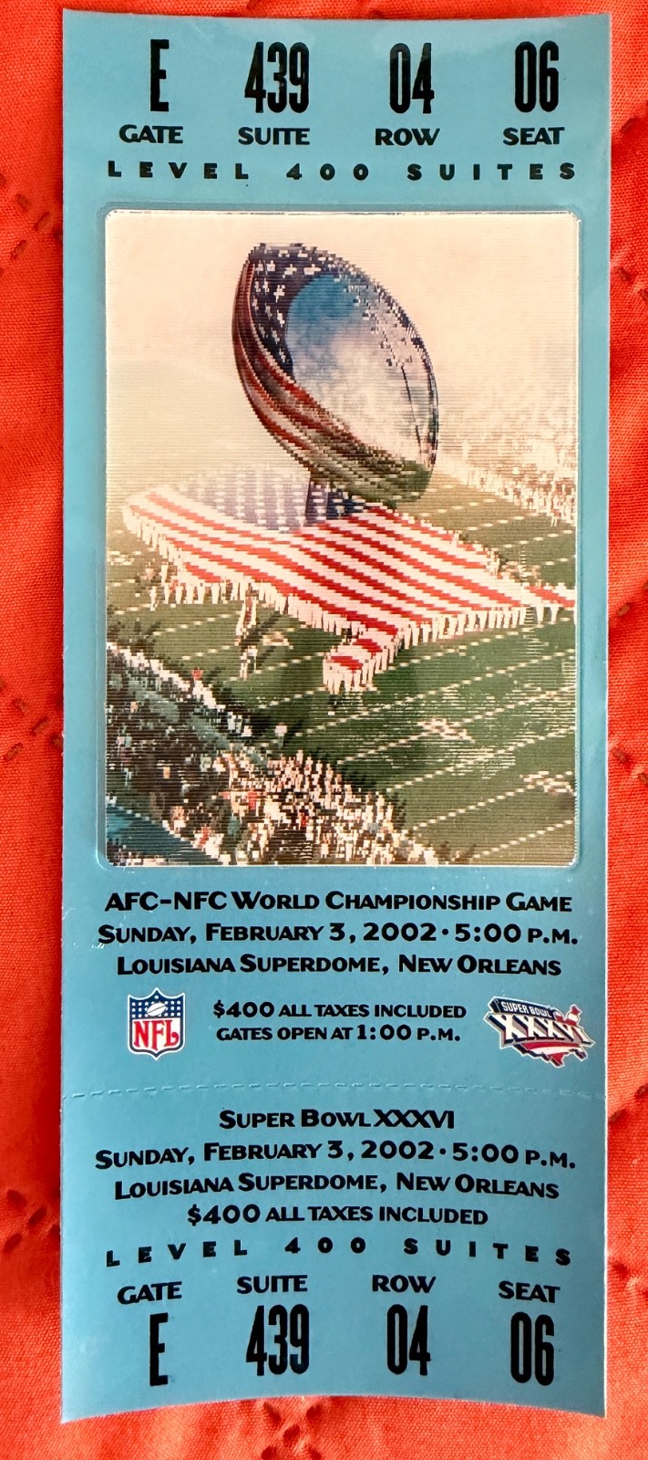 2002 SUPER BOWL XXXVI-FULL-UNUSED-AUTHENTIC TICKETS -WITH RUBBER BAND MARK- RARE 2002 SUPER BOWL XXXVI-FULL-UNUSED-AUTHENTIC TICKETS -WITH RUBBER BAND MARK- RARE