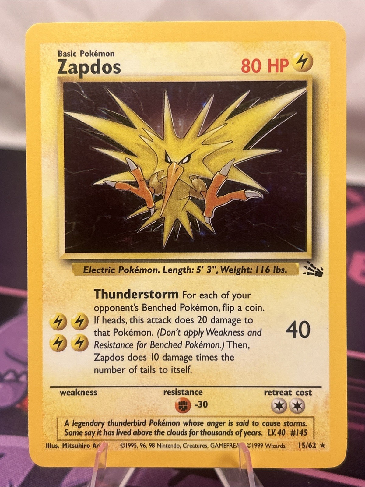 Zapdos Holo Rare Fossil 15/62 Pokemon Card - WOTC 1999 Zapdos Holo Rare Fossil 15/62 Pokemon Card - WOTC 1999