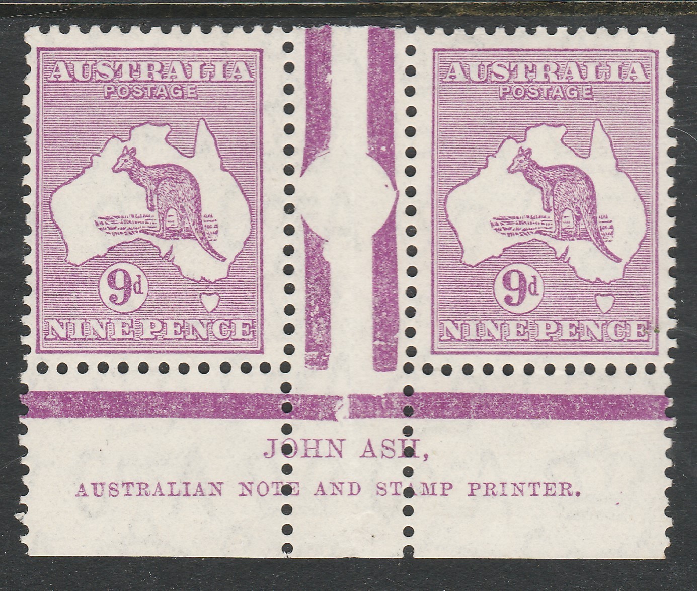 KANGAROO CofA WATERMARK 9d VIOLET JOHN ASH IMPRINT \