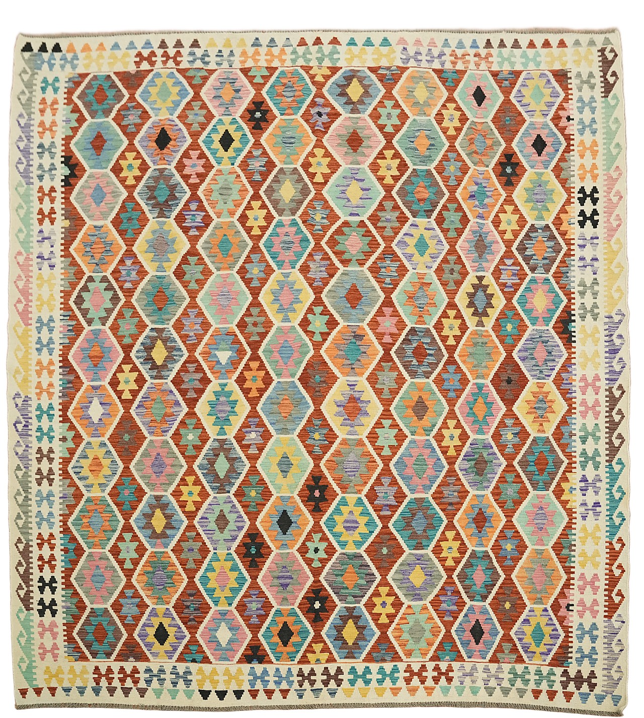 All-Over Geometric Kilim Area Rug 8x10 Hand-Woven 100% Wool Multicolor