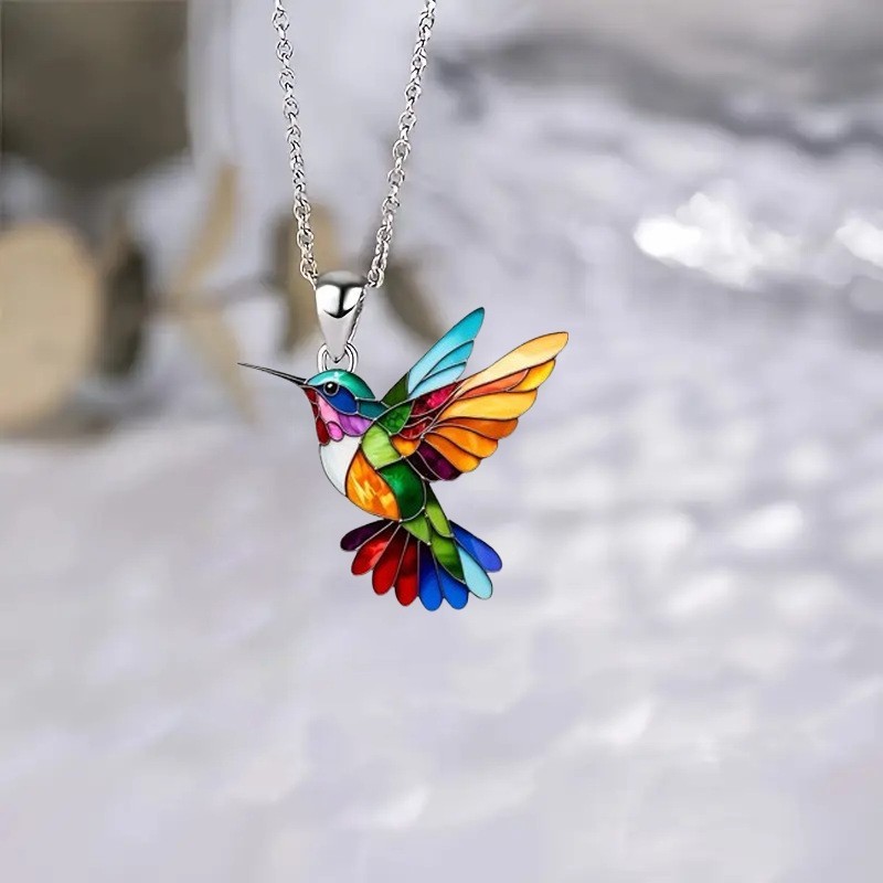 Colorful Hummingbird Pendant Necklace Rainbow Acrylic Bird Women Gift Chain Colorful Hummingbird Pendant Necklace Rainbow Acrylic Bird Women Gift Chain