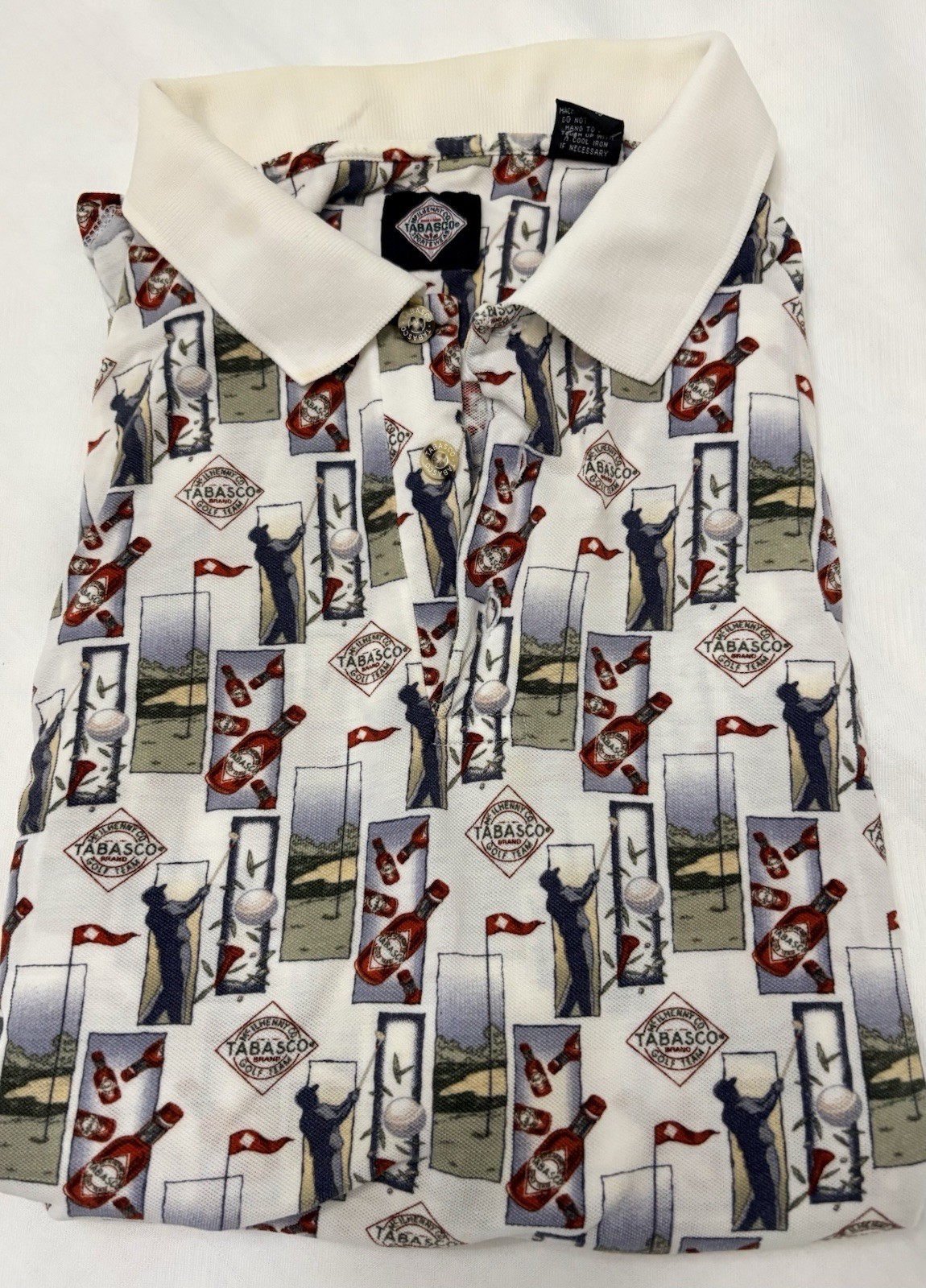 Vintage Tabasco Polo Shirt Mens All Over Graphic Golf Hot Sauce XL Vintage Tabasco Polo Shirt Mens All Over Graphic Golf Hot Sauce XL