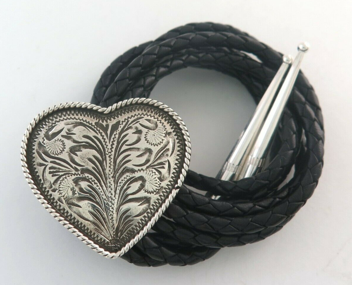 Stunning Etched Sterling Silver Heart Shaped Southwestern Bolo Tie Stunning Etched Sterling Silver Heart Shaped Southwestern Bolo Tie