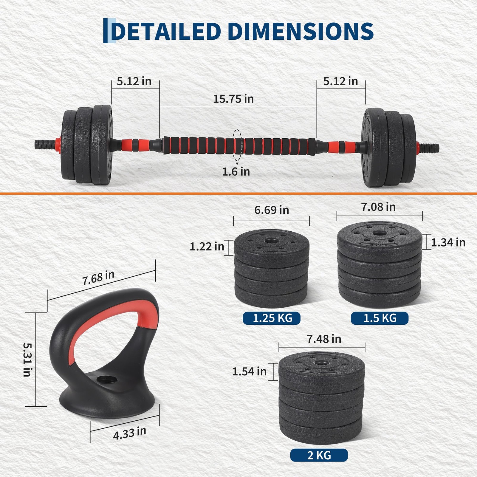 7-Piece Adjustable Dumbbell Set 44/55/66lb, Barbell Kettlebell Push-Up Handles