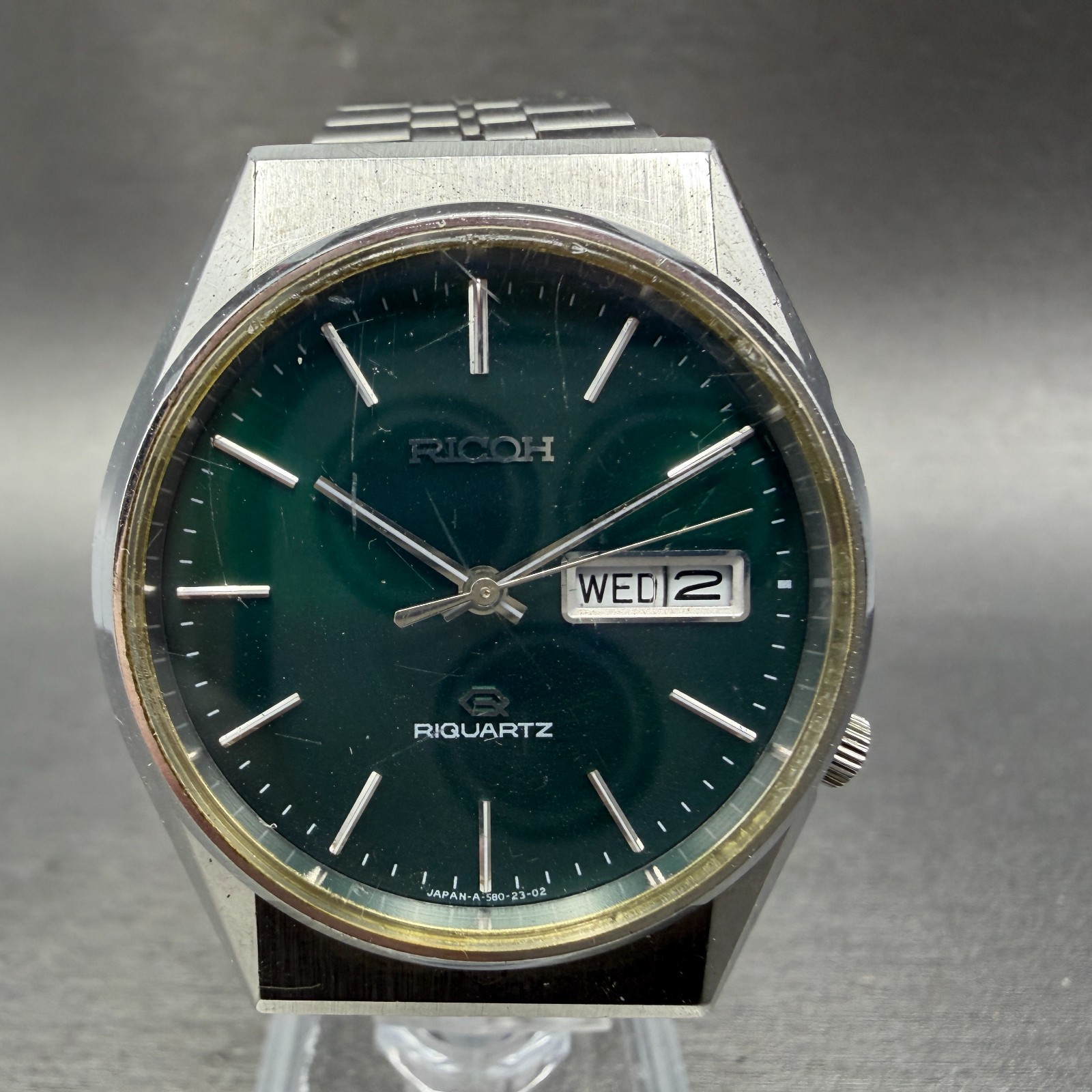 Ricoh Riquartz Watch Men 36mm Green Dial Silver Tone Daydate Round New battery Ricoh Riquartz Watch Men 36mm Green Dial Silver Tone Daydate Round New battery
