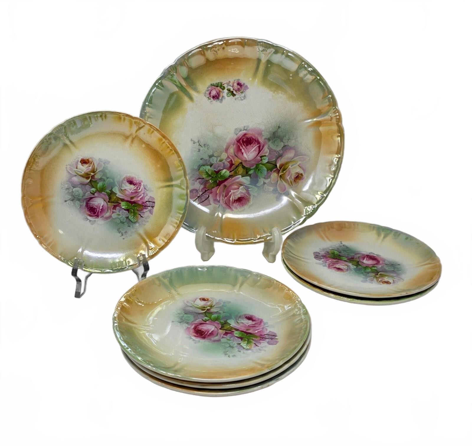 Antique Royal Bonn Rose Lusterware Plate Set of 7 Franz Anton Mehlem Germany