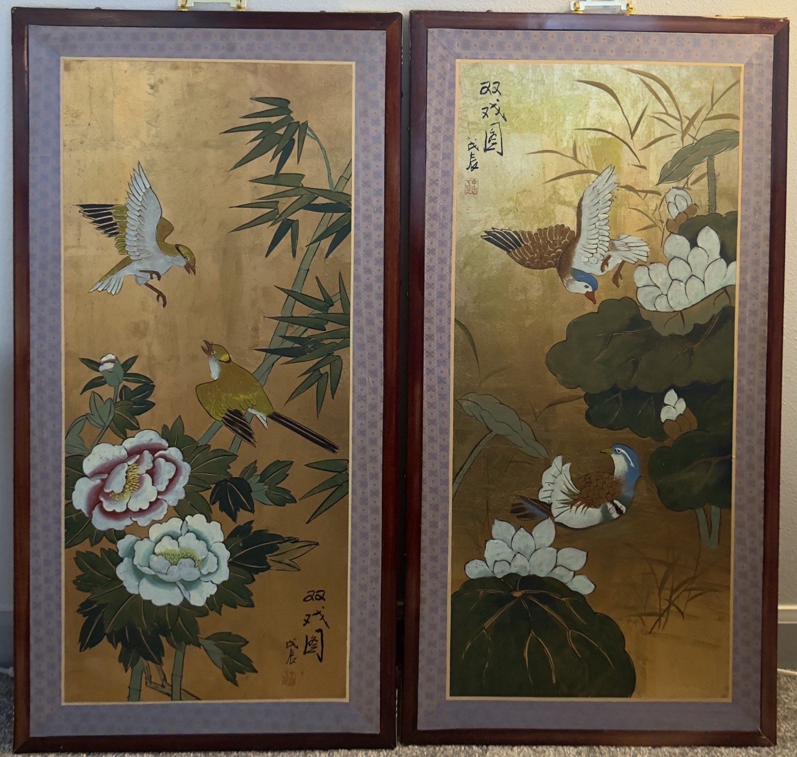 Pair Vintage 1988 Chinese Gold Leaf Wall Panels — Hand Painted Chinoiserie Art