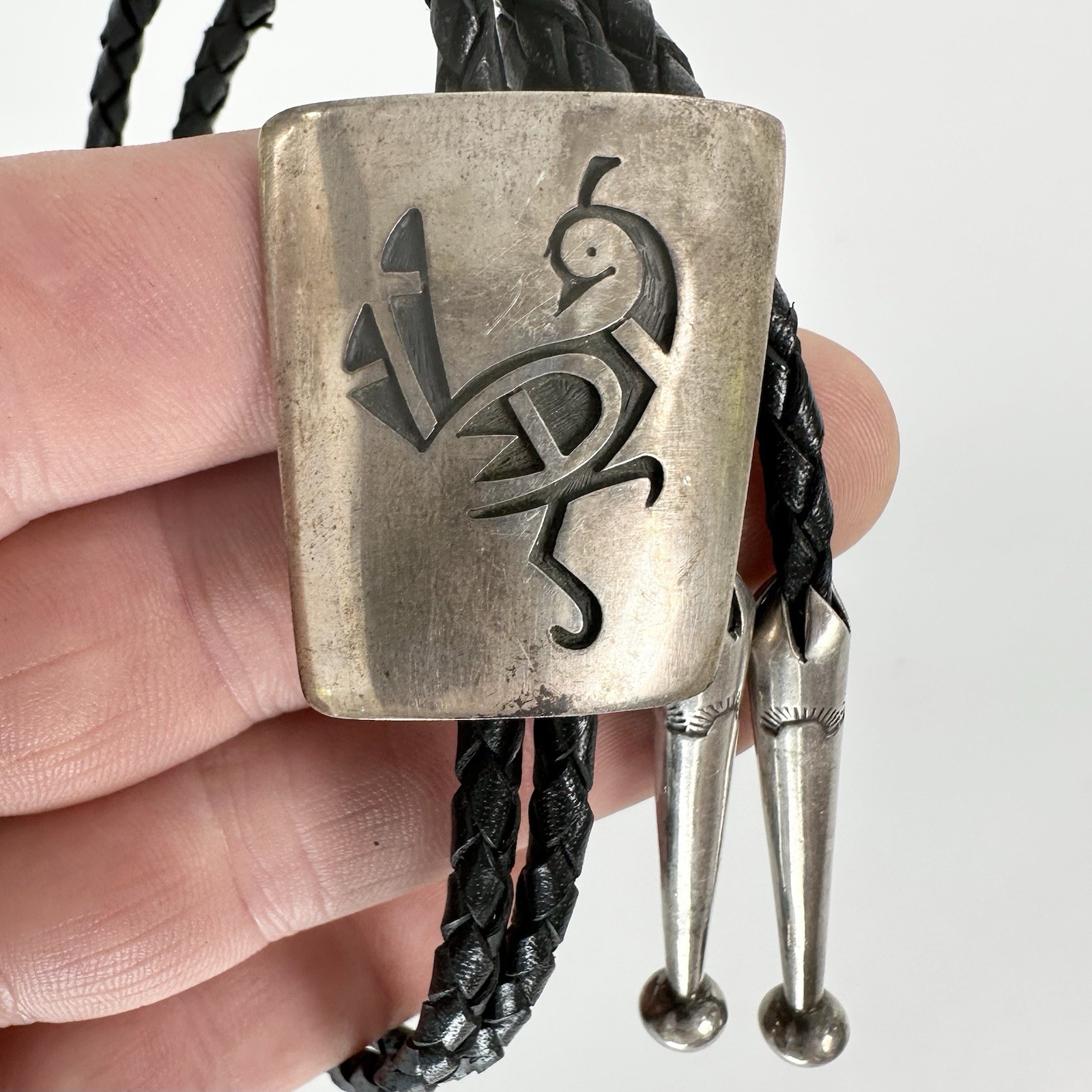 Vintage Western Hopi Sterling Silver Overlay  Stylized Bird Bolo Tie Hallmarked