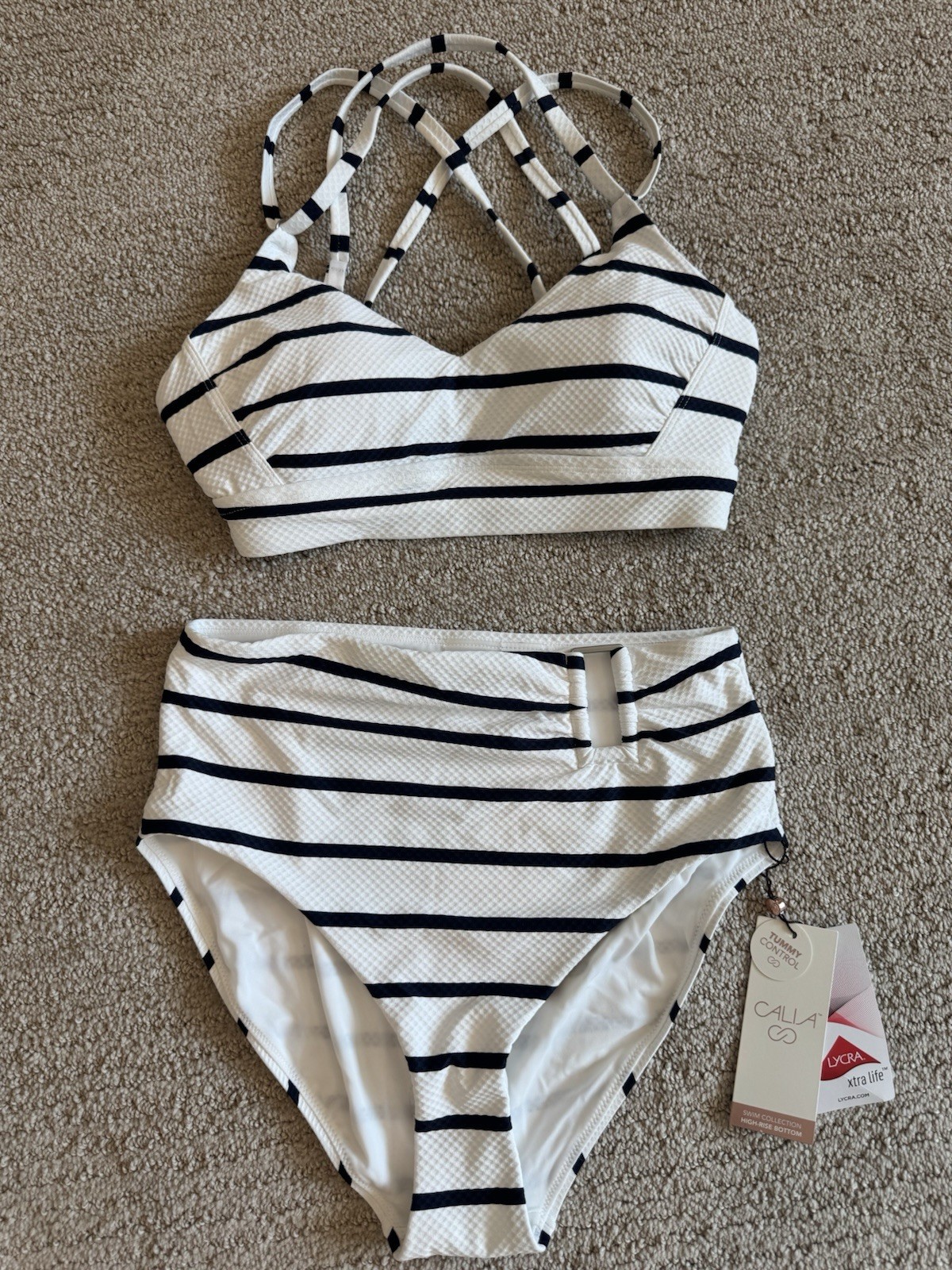NWT CALIA Women’s Striped Mesh Bralette High-Waist Bikini 2-Piece S UPF 50+