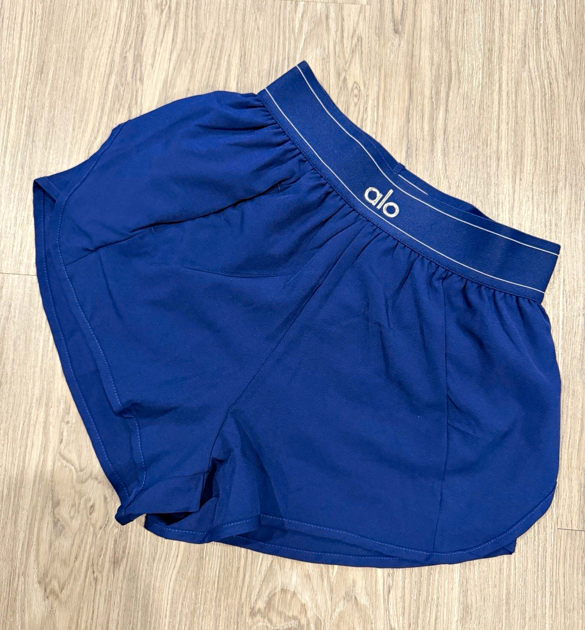 Alo Women’s Blue Solid Athletic Knit Pull-On Shorts Elastic Waist Logo Yoga S