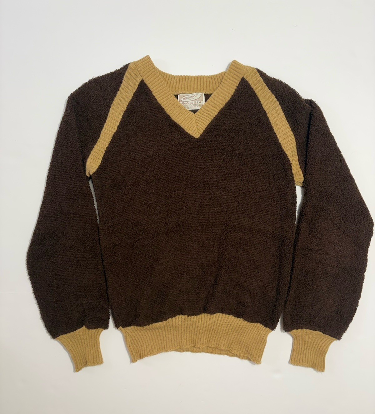 Vintage 70s Brown Terry Loop Knit V-Neck Pullover Sweater Women\'s Medium