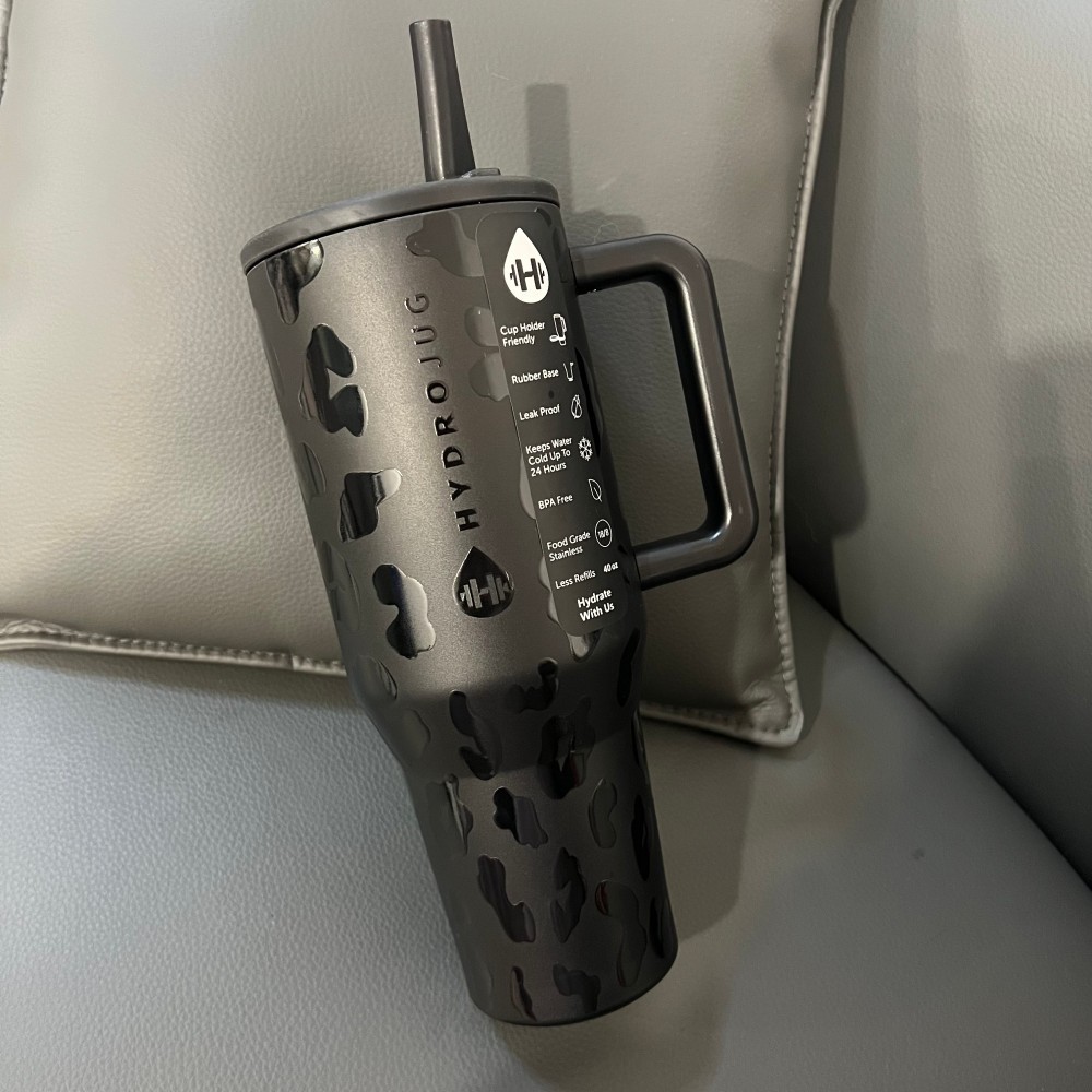 Hydrojug Black Leopard Print Traveler 40 oz Stainless Steel Flip Straw