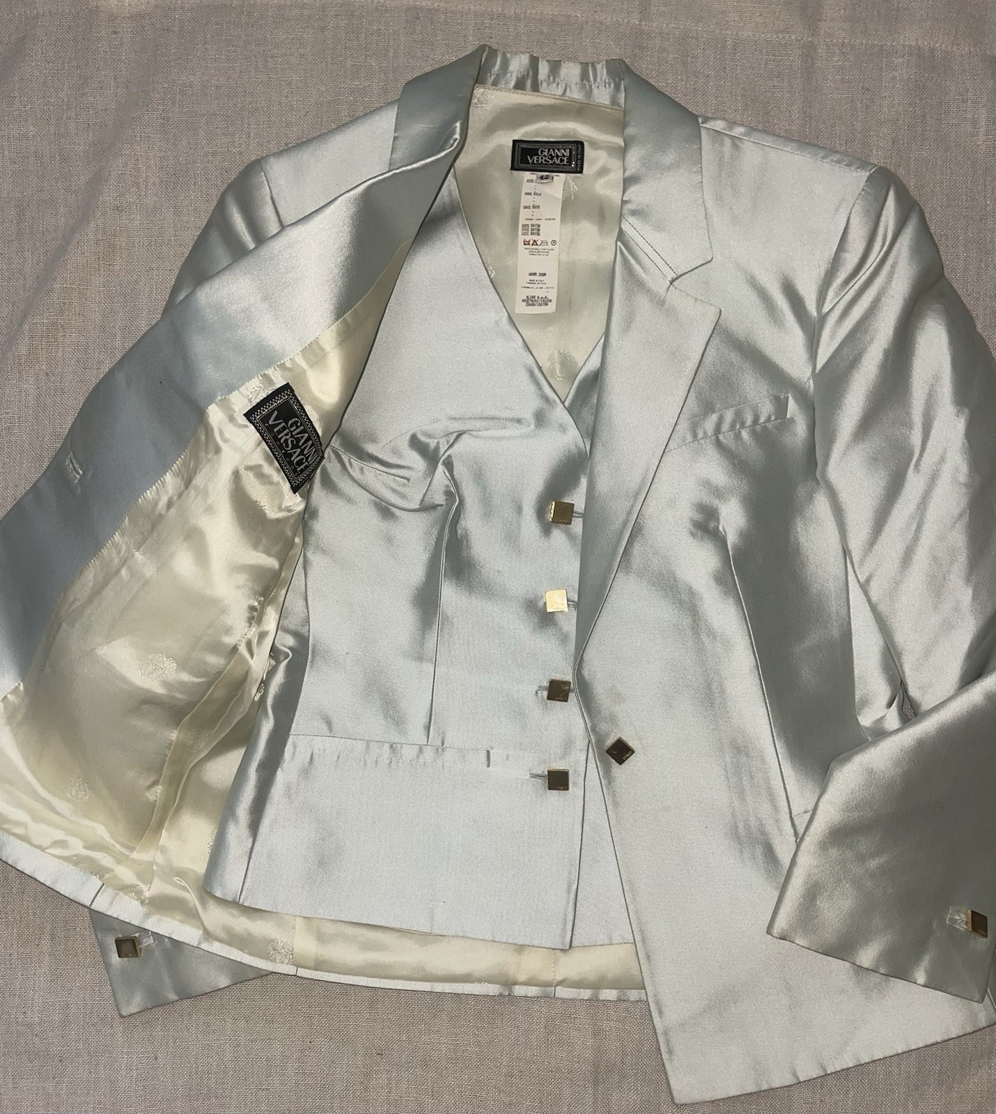 Gianni Versace 90\'s Vintage Ice Blue 100% Silk Glam Rock Blazer & Vest 2PcIT42-S