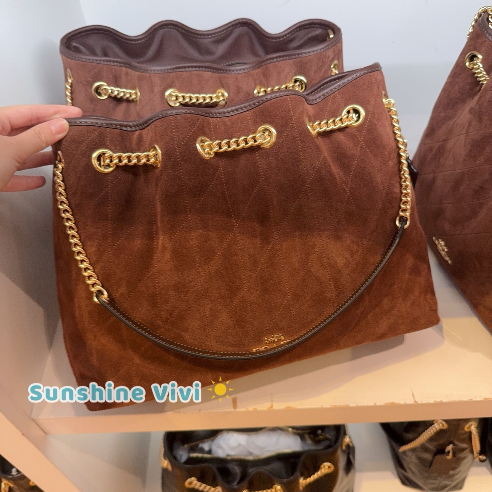 NWT COACH CCZ80 Evelyn Shoulder Bag with Quilting Suede Gold/Vintage Brown/Maple