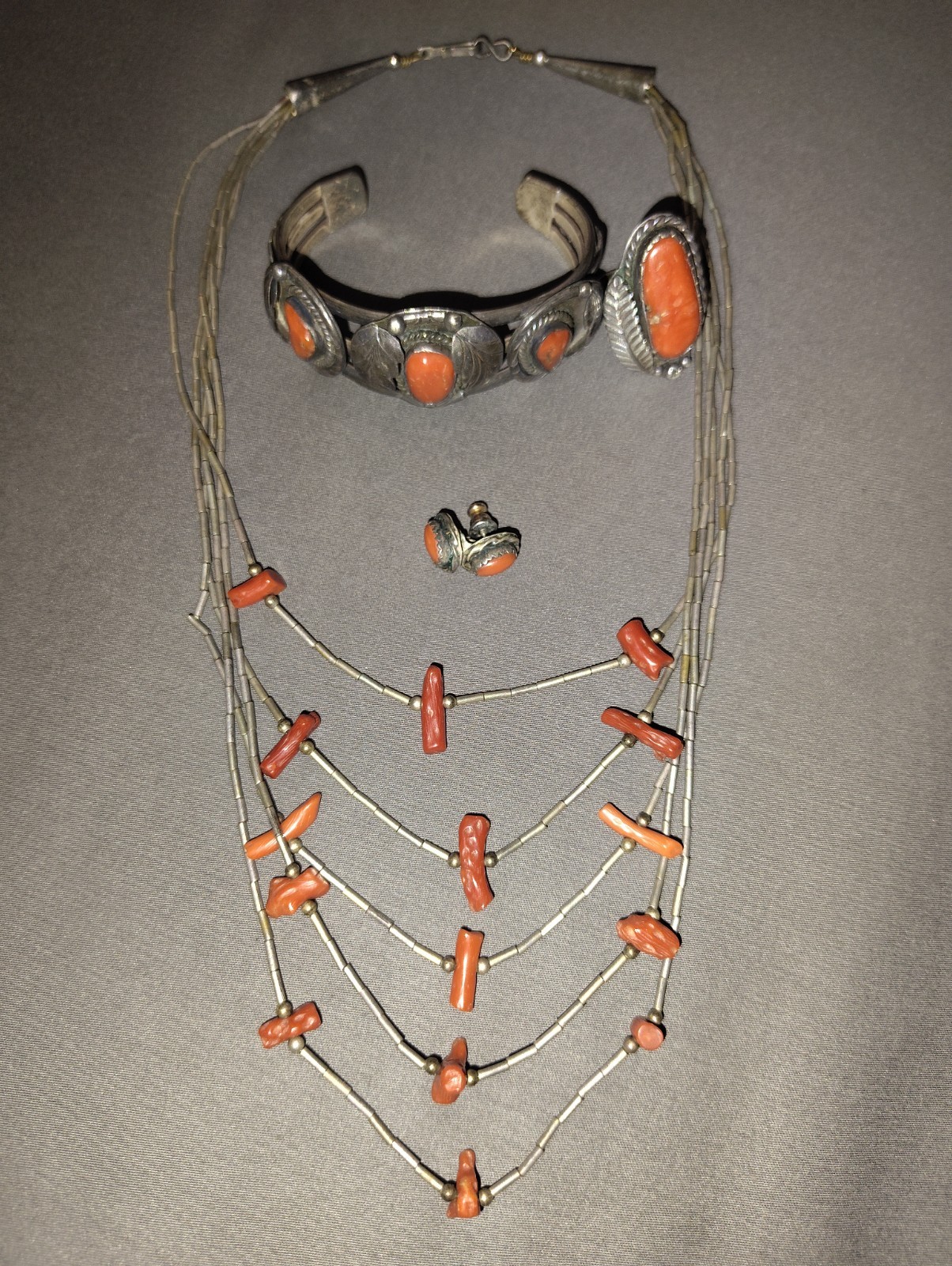 Vintage Native American Southwestern Sterling Silver, Mediterranean Red Coral 4-