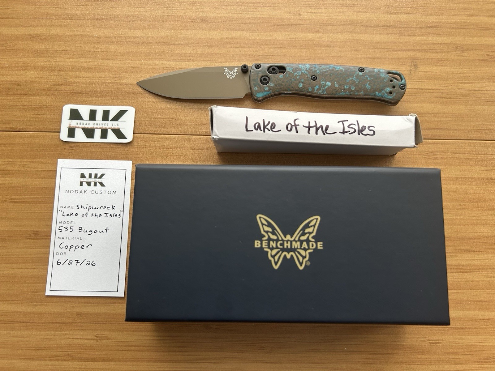 Nodak Custom “Lake of the Isles” Shipwreck Copper Benchmade 535 Bugout FDE S30V Nodak Custom “Lake of the Isles” Shipwreck Copper Benchmade 535 Bugout FDE S30V