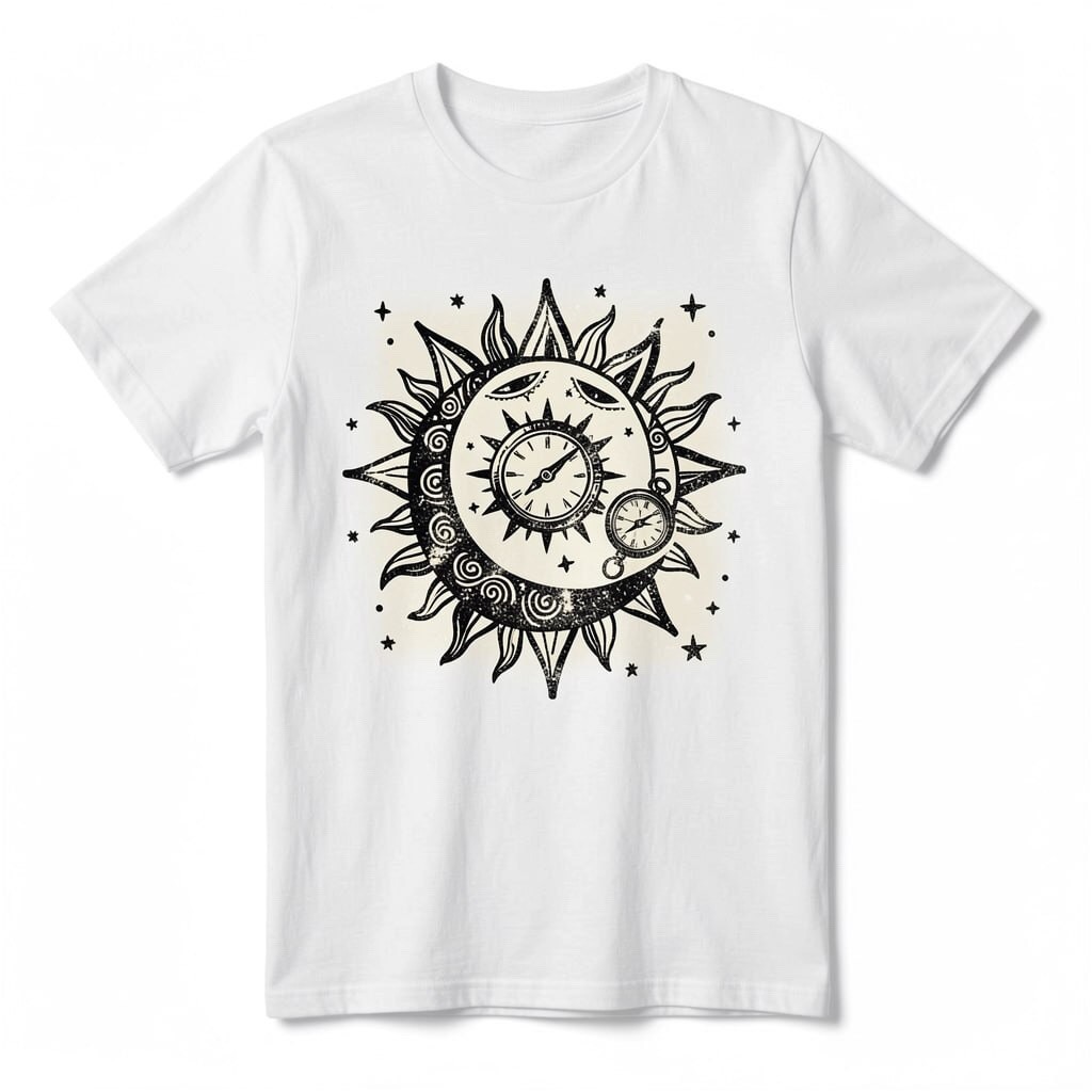 Vintage Sun and Moon T-Shirt Celestial Clock Graphic Tee Boho Aesthetic Shirt