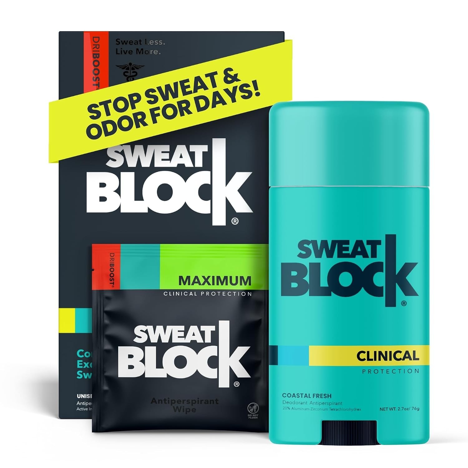 SweatBlock Antiperspirant & Deodorant DRIBOOST System, 10 Wipes + Deo Stick..
