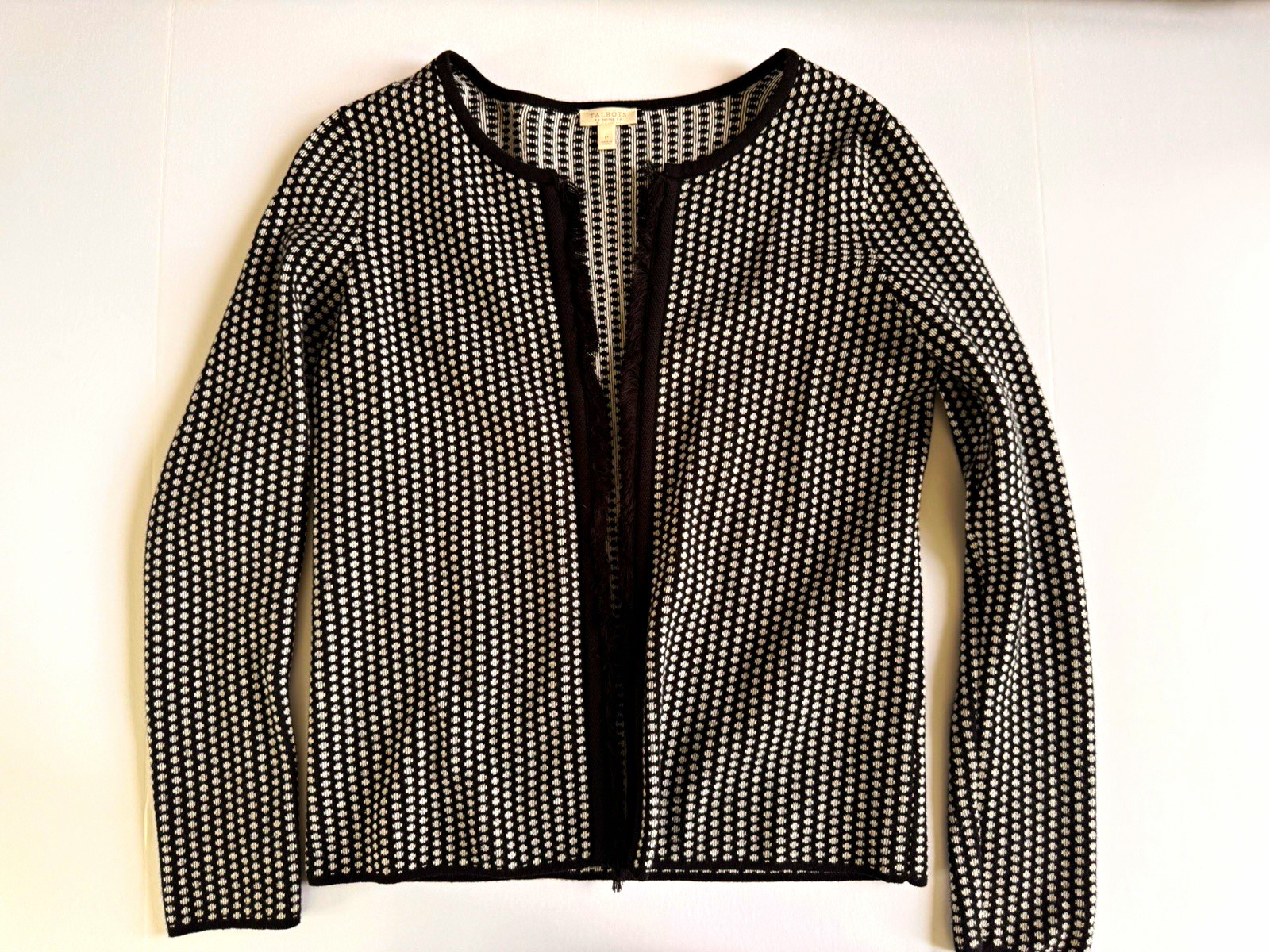 Women’s Talbots Black White Geometric Tight-Knit Open-Front Cardigan Sweater P