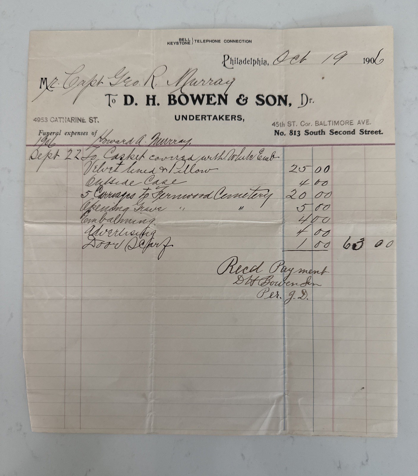 RARE Antique Undertaker Coffin Casket Grave Receipt 1906 Philadelphia RARE Antique Undertaker Coffin Casket Grave Receipt 1906 Philadelphia