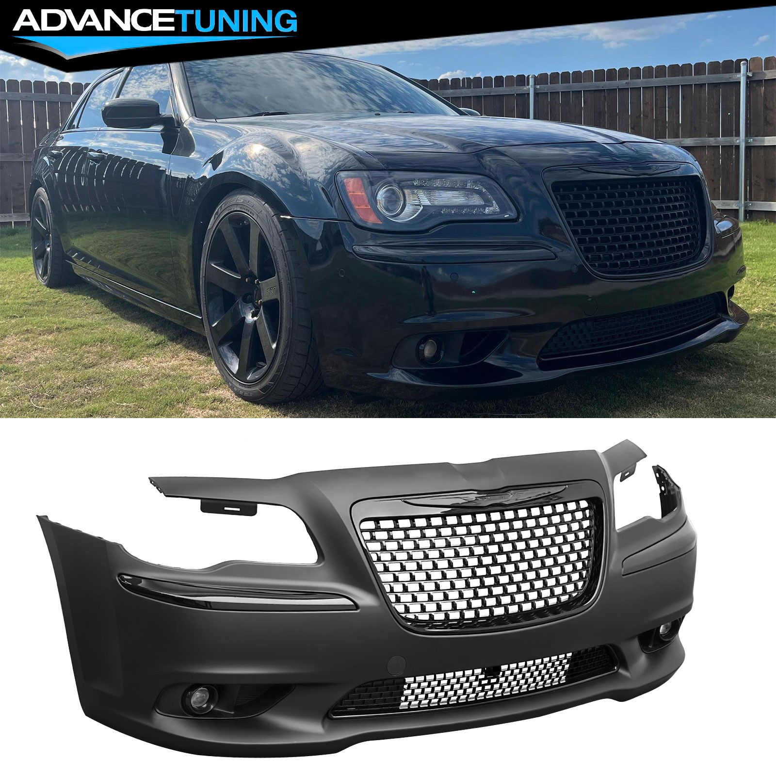 Fits 11-14 Chrysler 300 SRT8 Style Front Bumper Cover with Gloss Black Grilles