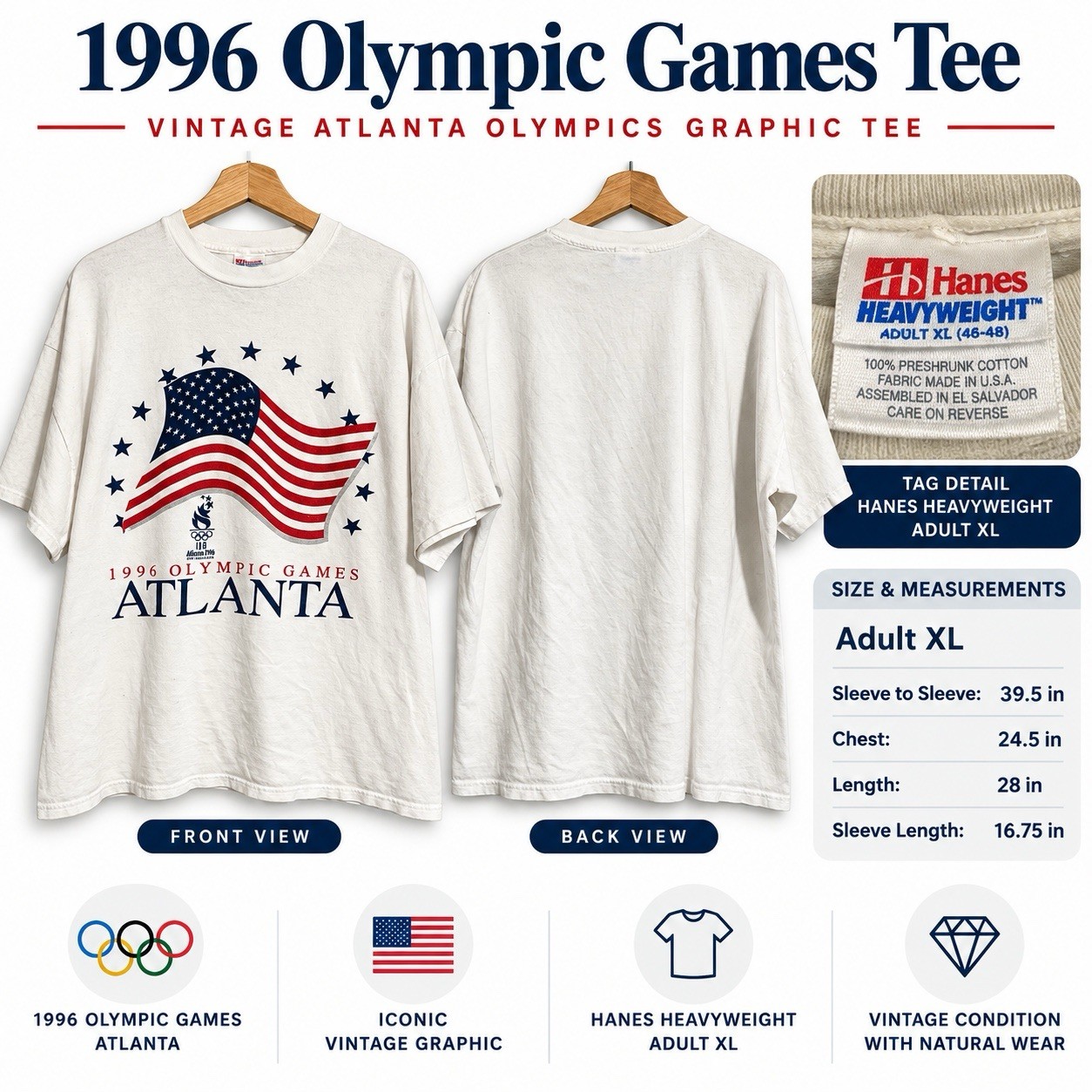Vintage 1996 Atlanta Olympics T Shirt Hanes Heavyweight XL USA Flag Graphic Vintage 1996 Atlanta Olympics T Shirt Hanes Heavyweight XL USA Flag Graphic