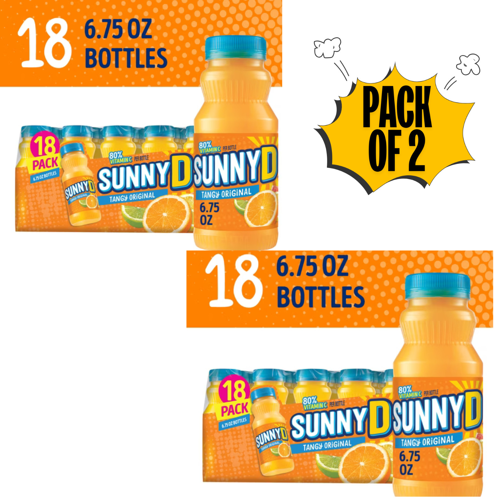(PACK OF 2) SUNNYD Tangy Shelf Stable Orange Juice Drink, 18 Count, 6.75 fl oz (PACK OF 2) SUNNYD Tangy Shelf Stable Orange Juice Drink, 18 Count, 6.75 fl oz