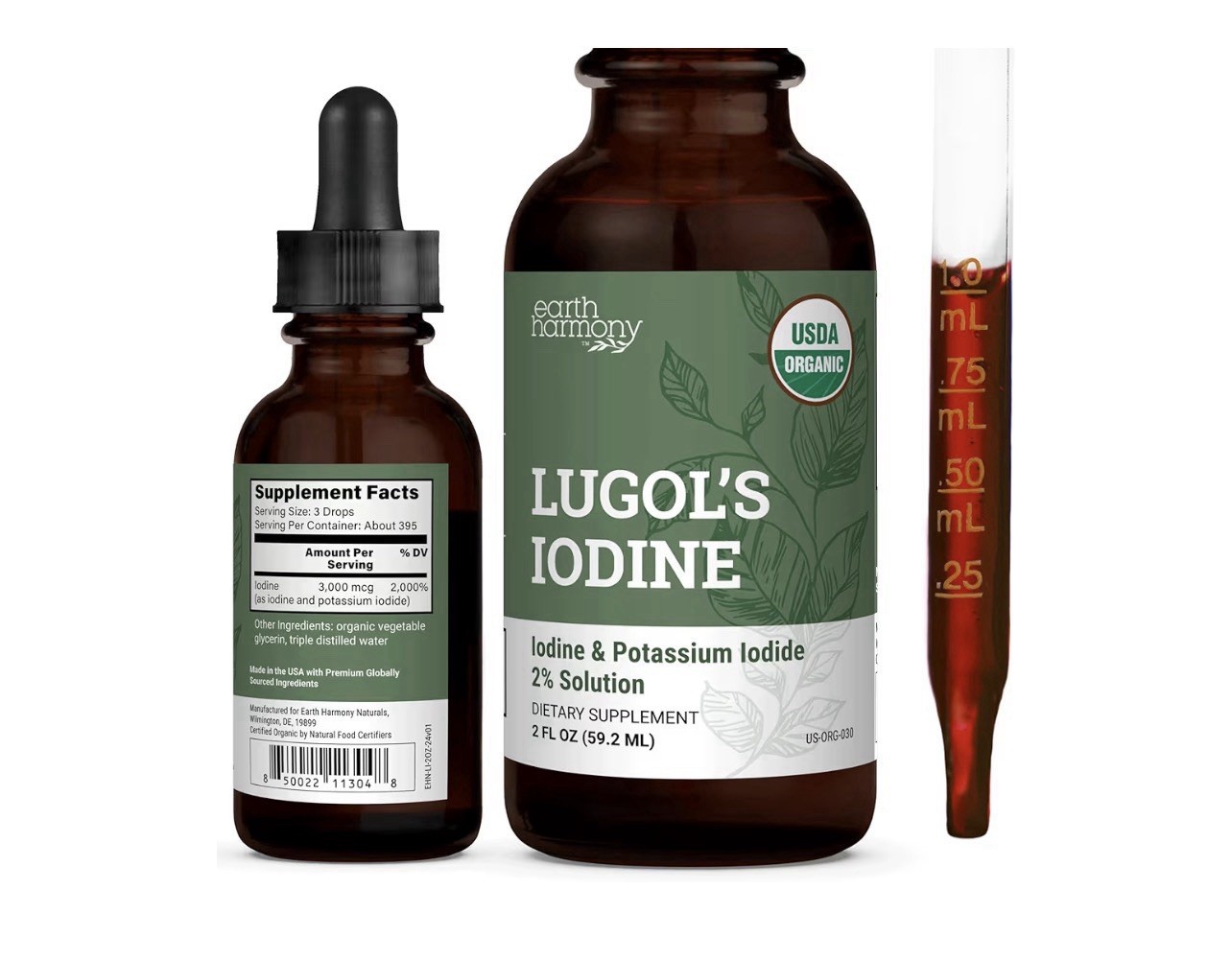 Organic Lugol's Iodine Liquid Drops Supplement - 2% Thyroid Non-GMO 2 Oz