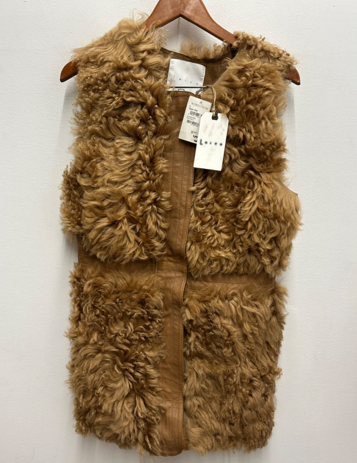 NEW Leith Full Shearling Curly Fur Sleeveless Vest Tan Beige Leather Womens LG