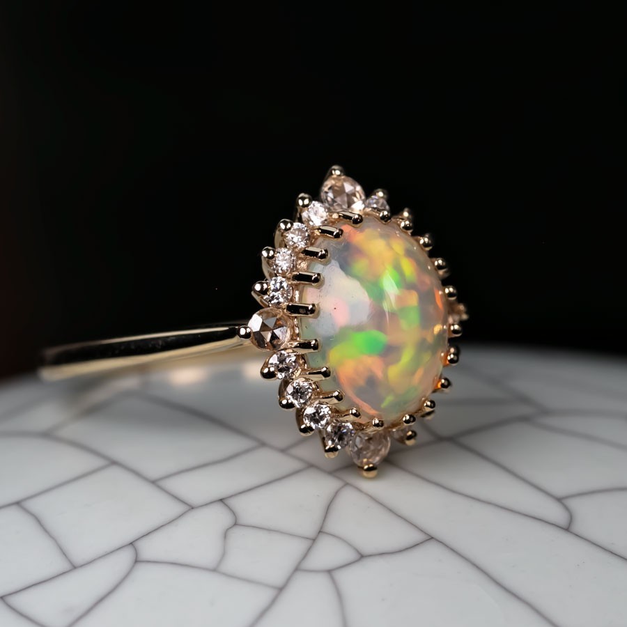1.44ct Multicolor Mexican Fire Opal Halo Diamond Ring 14K Yellow Gold