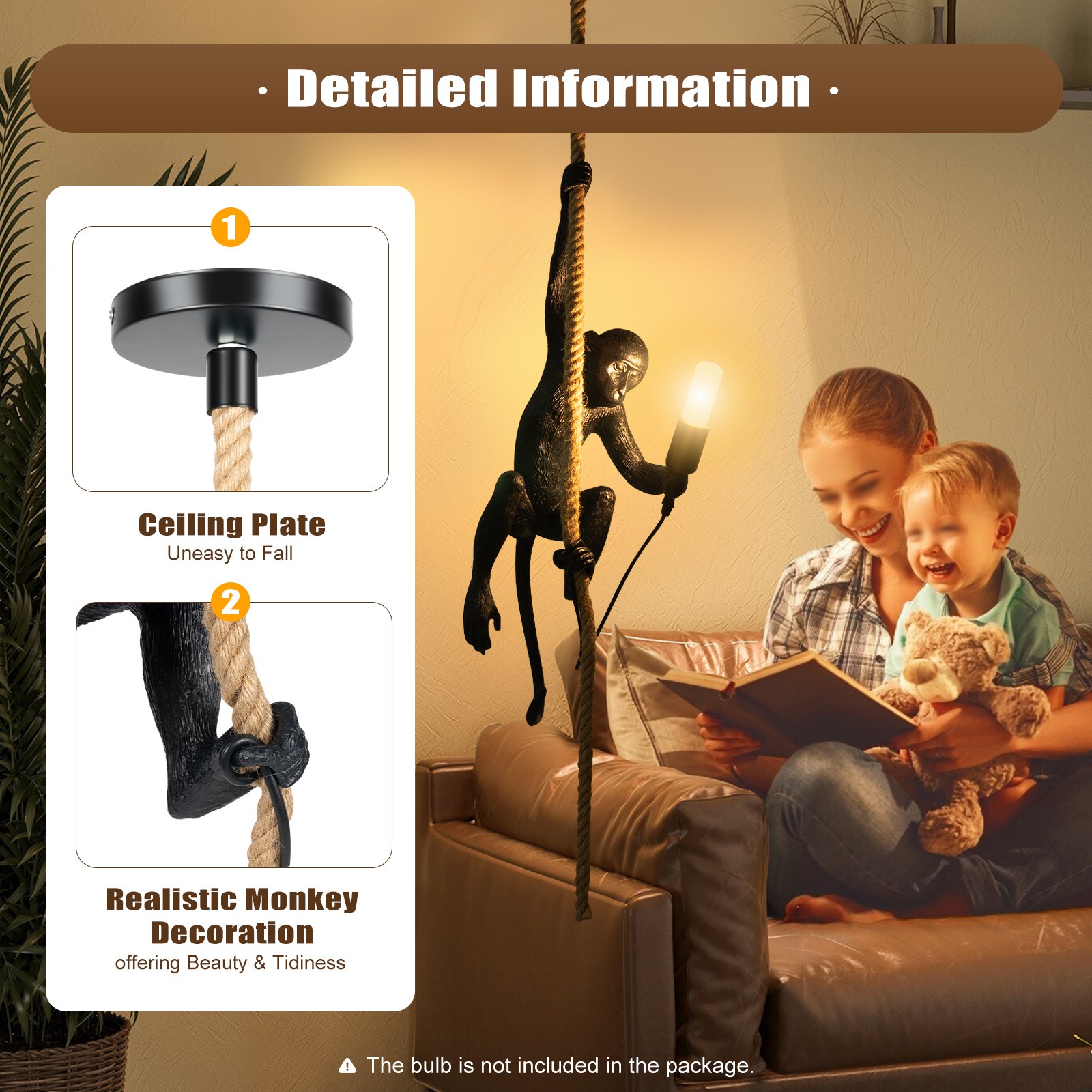 Vintage Monkey Hanging Ceiling Lamp Eco-friendly Resin Pendant Light Creative US