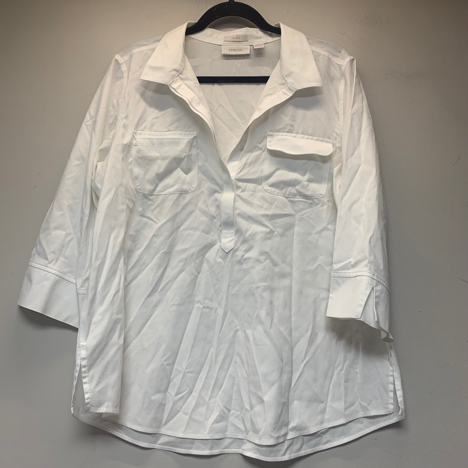 Chico\'s No-Iron Tunic Shirt Women Size 2 White Excellent 3/4 Sleeve 9851