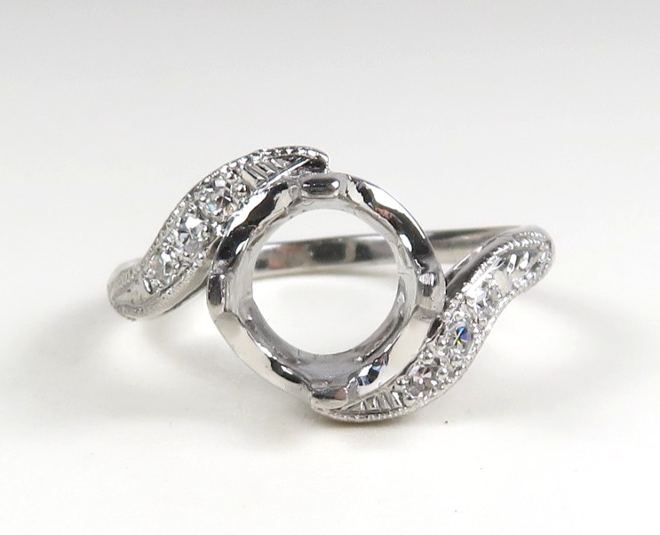 Antique 1920s Art Deco Platinum Diamond Semi-Mount Ring Setting Size 6 Hold 7MM