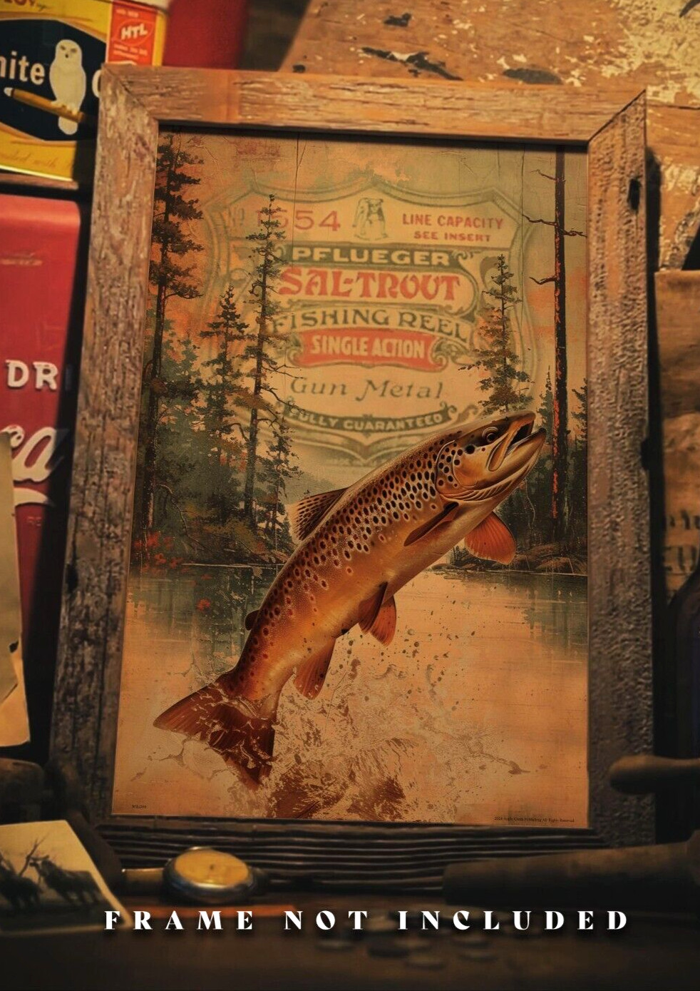 Vintage Fly Fishing Art Print 11x17 Pflueger Fishing Reel  Brown Trout Artwork