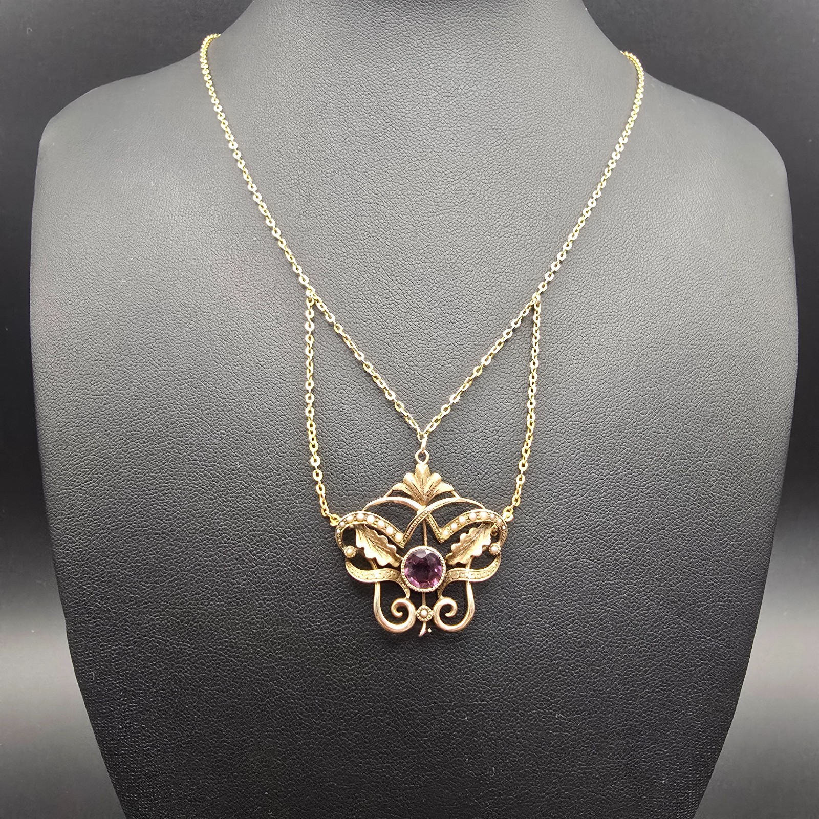 Antique 14K Gold Art Nouveau Amethyst Seed Pearl Pendant Necklace 