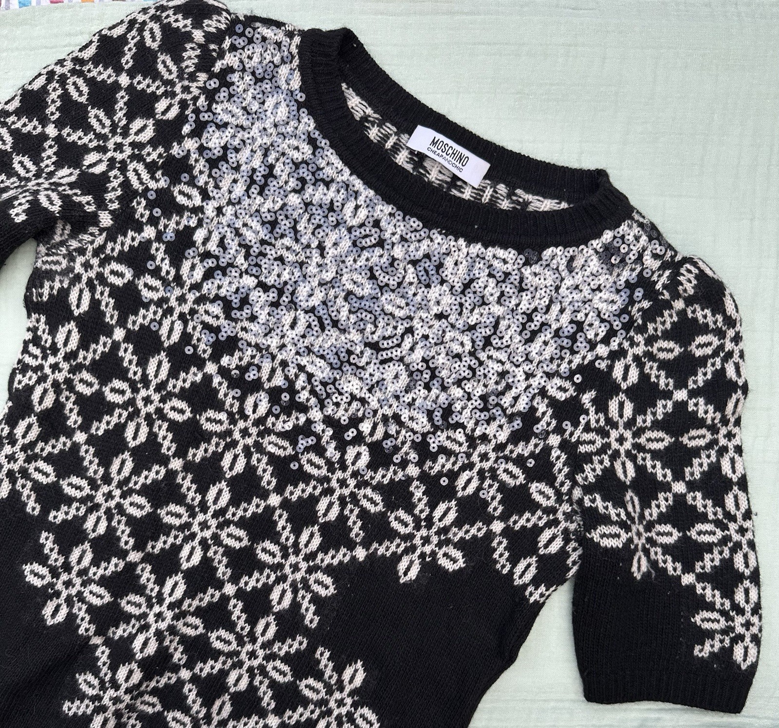 Vintage Moschino Cheap and Chic Sequined Snowflake Novelty Christmas Jumper uk 8 Vintage Moschino Cheap and Chic Sequined Snowflake Novelty Christmas Jumper uk 8