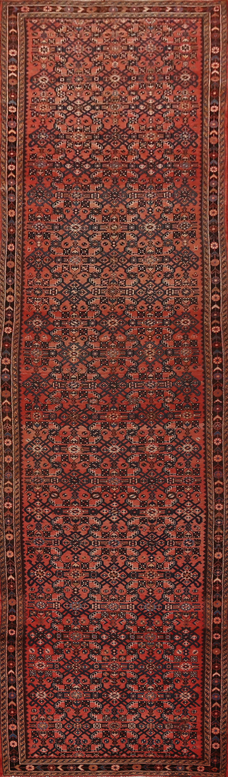 All-Over Geometric Vintage Hand-knotted 16 ft Long Runner Rug Wool Carpet 4x16