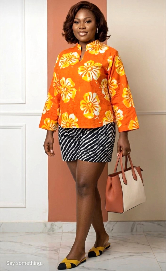 Women\'s Ankara 2-Piece Set  Orange Floral Top & Geometric Shorts Outfit S 10-14