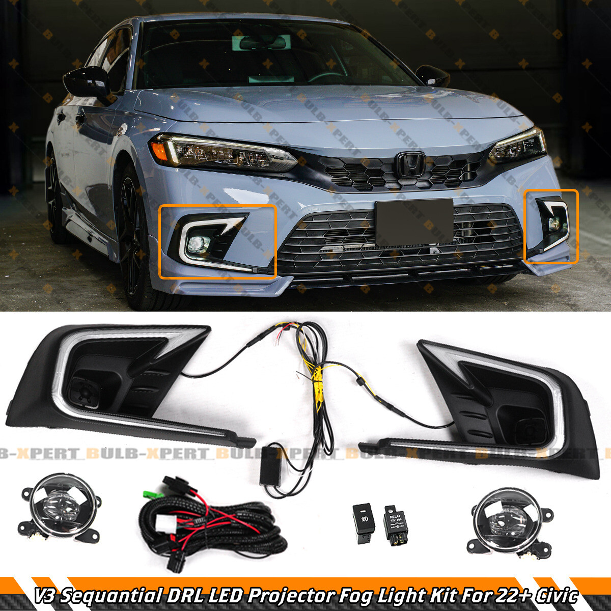 FOR 22-24 CIVIC V3 SEQUENTIAL DRL LED BEZEL COVER + CLEAR PROJECTOR FOG LENS KIT