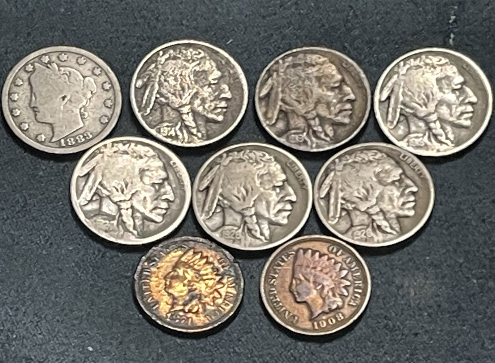 1874/1908 Pennies + 1883 V-5c;1914, 1919 P & D, 1924-S,two 1926 Buffalo Nickel’s