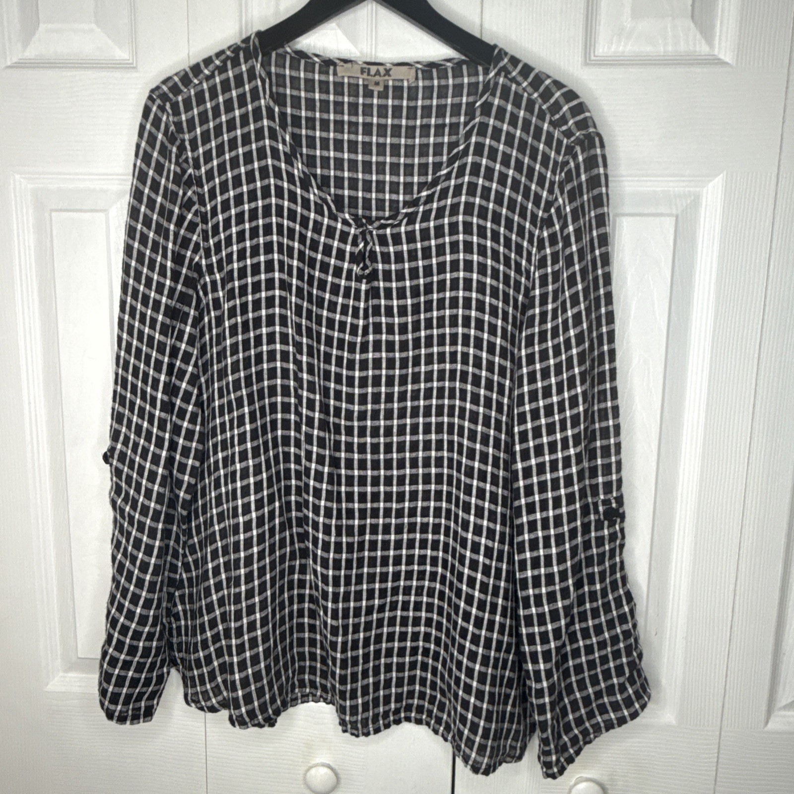 Flax Black & White Check Long Sleeve, Tab Sleeve 100% Linen Tunic Top