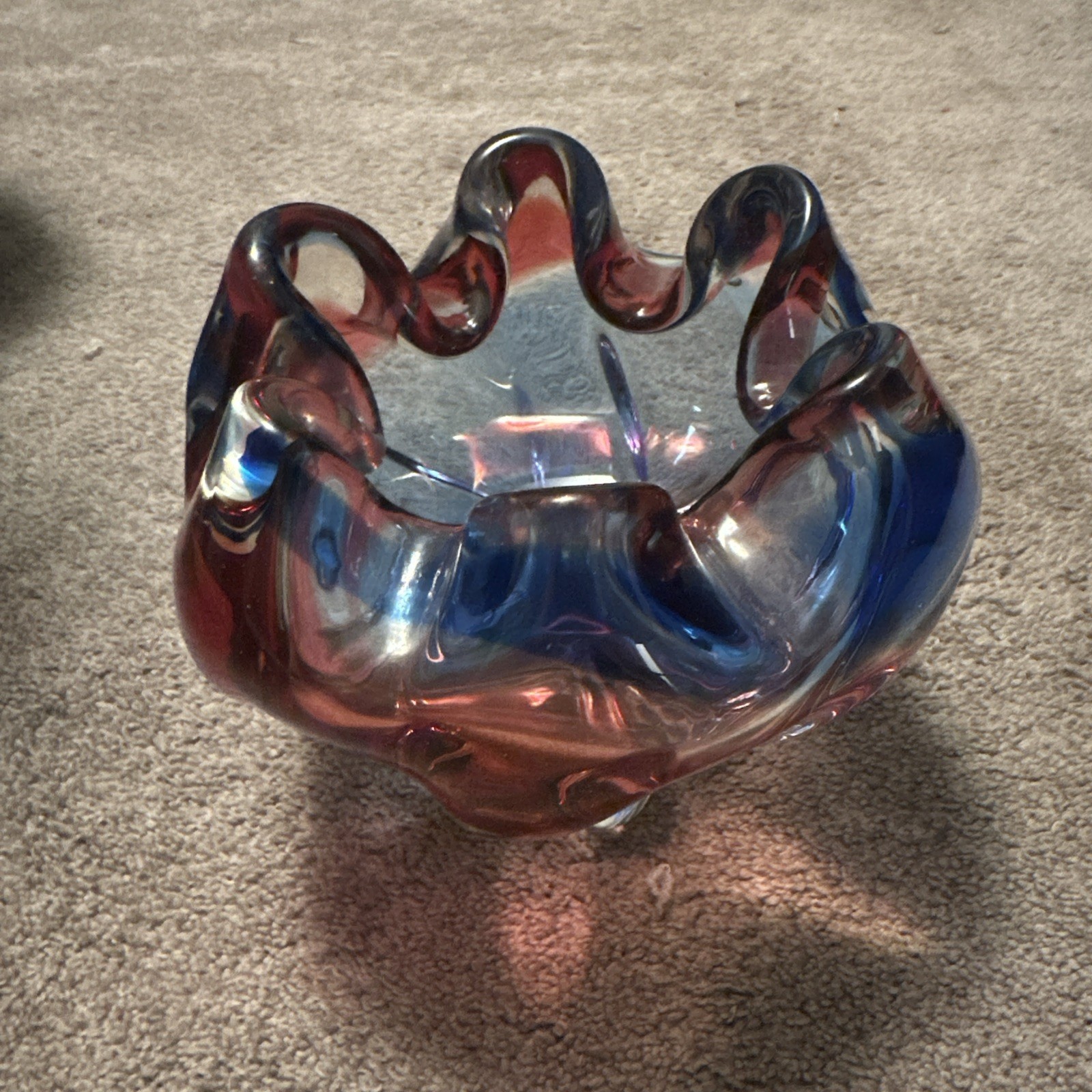 Vtg Mid-Century Mod Art Glass Handkerchief Bowl Vase Red Blue Ruffled Scalloped Vtg Mid-Century Mod Art Glass Handkerchief Bowl Vase Red Blue Ruffled Scalloped