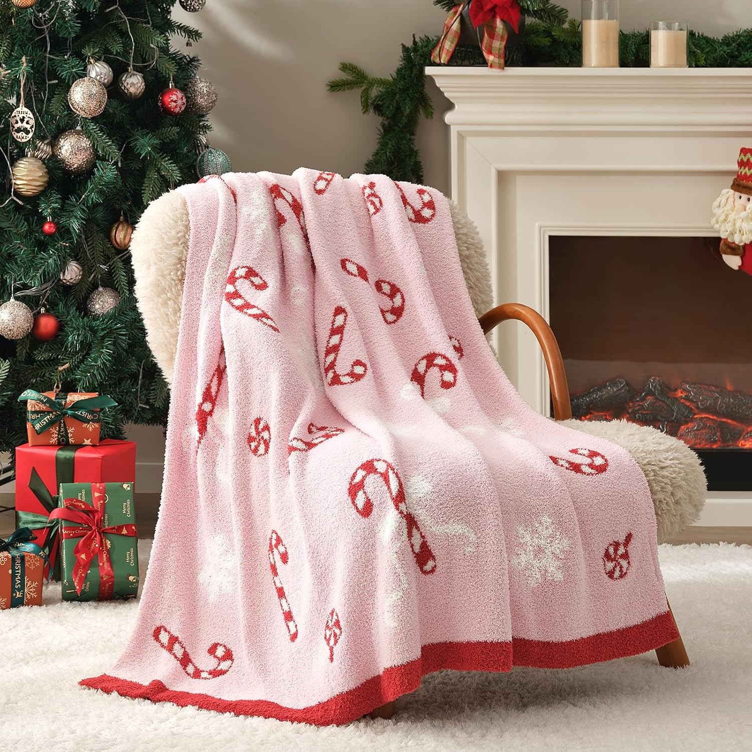 Snuggle Sac Pink Christmas Blanket Candy Cane Bow Snowflake Throw Blanket 50x60 Snuggle Sac Pink Christmas Blanket Candy Cane Bow Snowflake Throw Blanket 50x60
