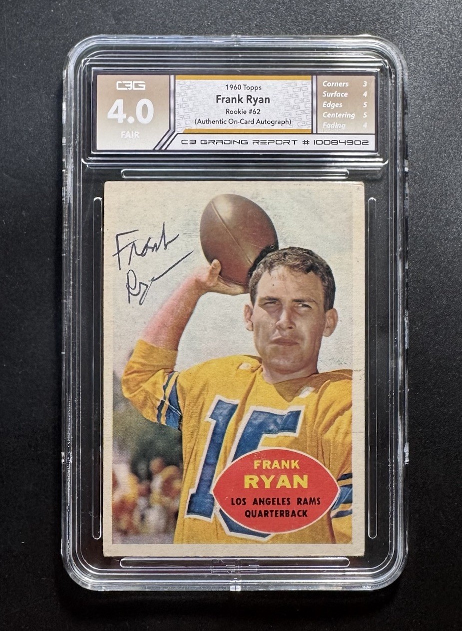 1960 TOPPS #62 FRANK RYAN C3 4.0 GRADING AUTHENTICATION AUTO SIGNED LA RAMS RC 1960 TOPPS #62 FRANK RYAN C3 4.0 GRADING AUTHENTICATION AUTO SIGNED LA RAMS RC