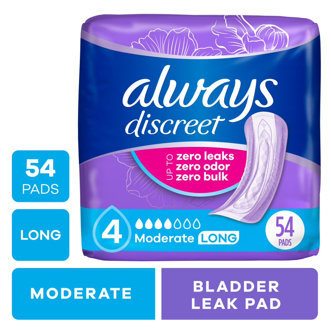 Always Discreet Adult Incontinence Pads for Women, Moderate Absorbency, 54 Count