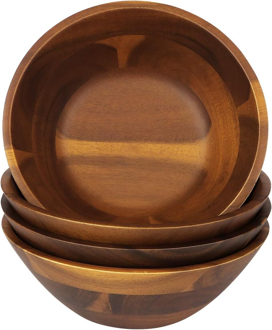 Acacia Wooden Serving Bowls, 7-Inch Set of 4 for Salads, Soups, Noodles, etc.
