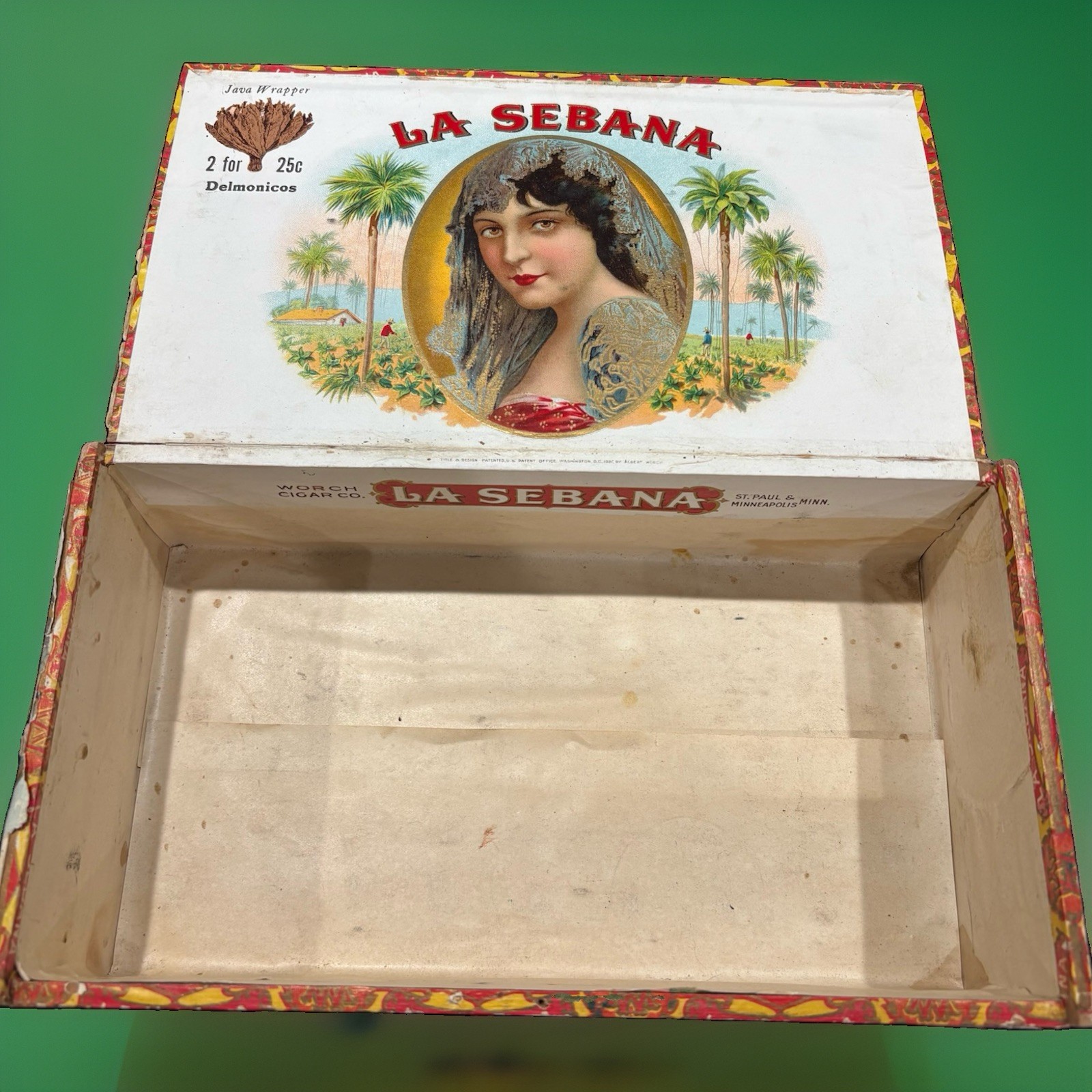 Antique La Sebana Delmonicos Claro Wood Cigar Box Worch Cigar Co Litho Art