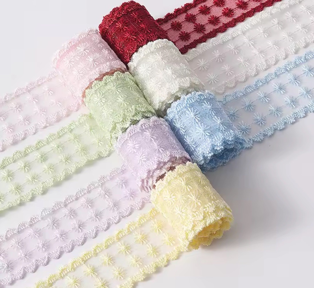 Lot 14 Yards Lace Satin Embroidered 4cm/ 1.5” 7 Beautiful Colors X 2 Yards Ea. Lot 14 Yards Lace Satin Embroidered 4cm/ 1.5” 7 Beautiful Colors X 2 Yards Ea.
