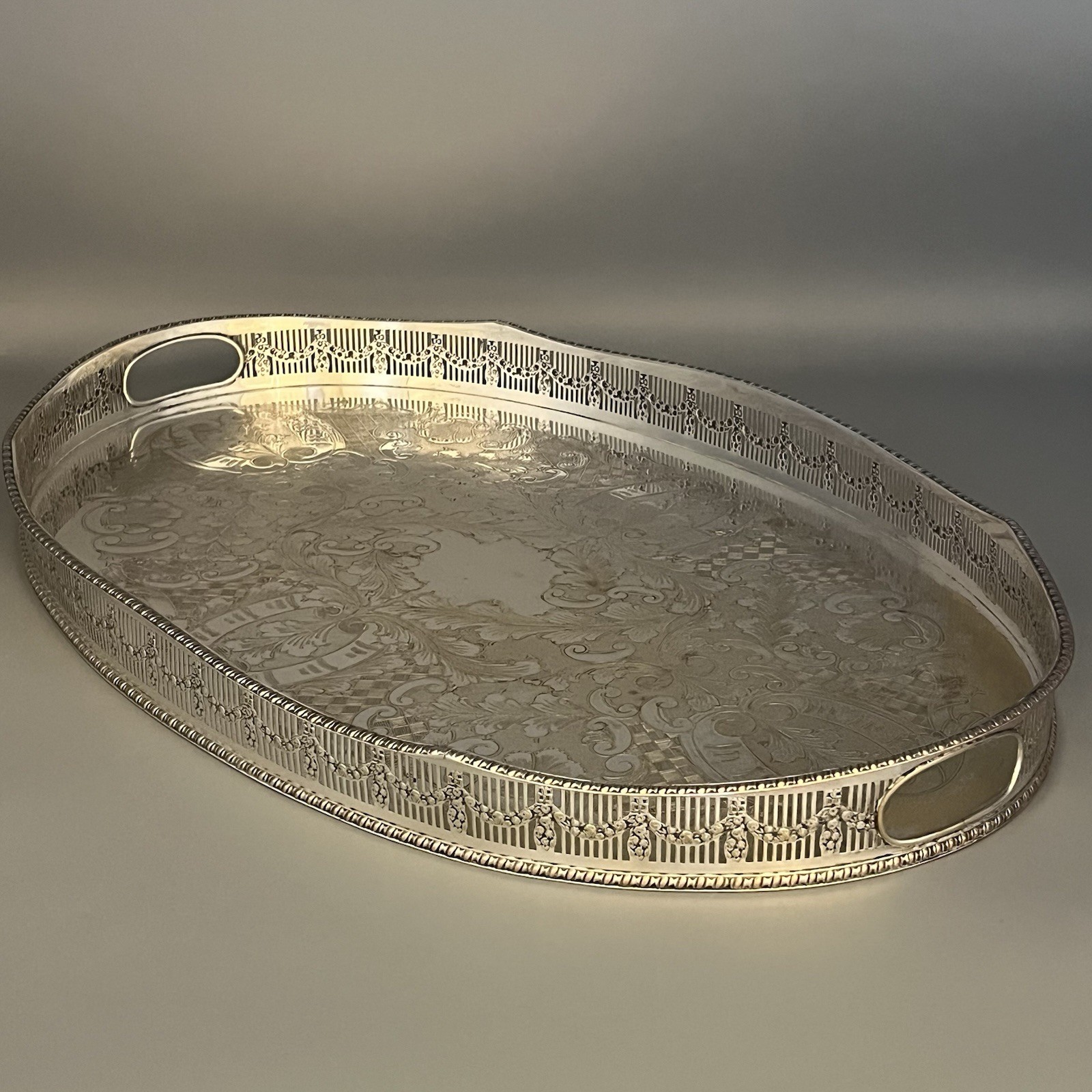 LARGE Vintage Silver Plated Gallery Tray Handles Viners Butler Serving Cocktail